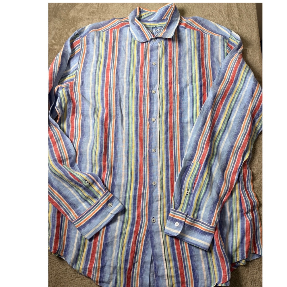 J.McLaughlin Mens XL Linen Button Down Shirt Multi Color Coastal Resort Preppy